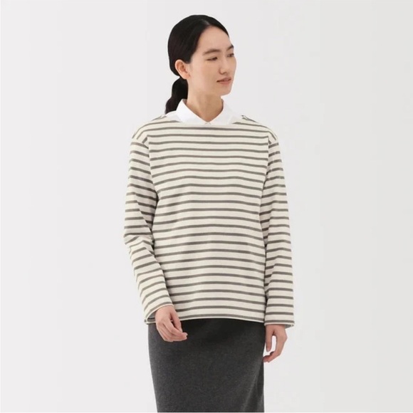 Muji Tops - Muji Beiat neck  Striped Long Sleeve Shirt. Heavy weight . Size M